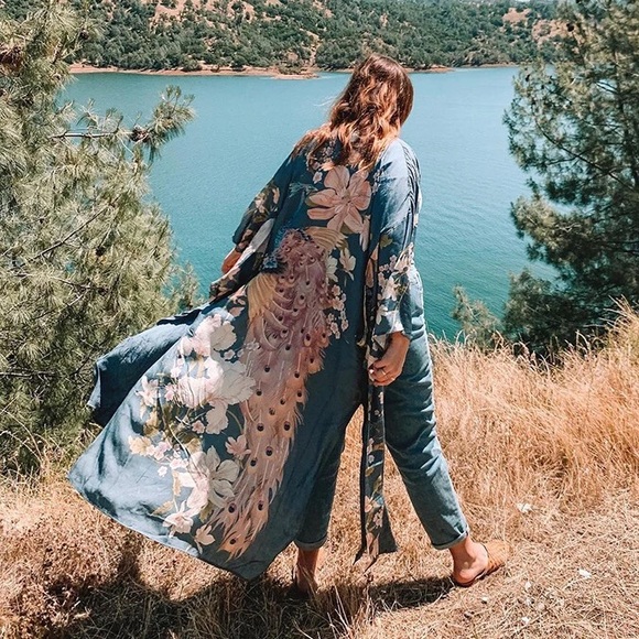 Boho Peacock Bird Of Paradise Kimono, Dusty Blue - Picture 7 of 10